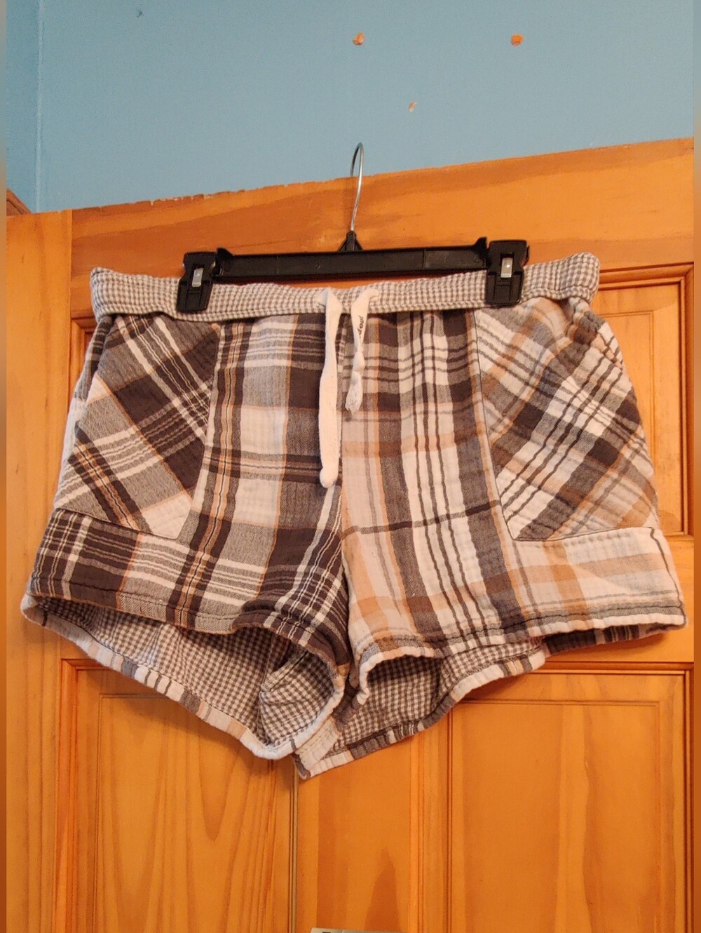 Aerie Cotton Plaid Brown Gray Neutral Sleep Short Women's size XL checked Out